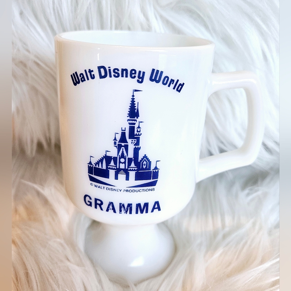 Vintage Walt Disney World Footed Milkglass Gramma Mug Blue Script